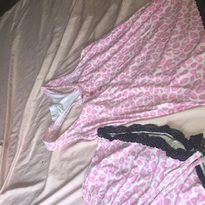 A leopard print pajama set with black lace